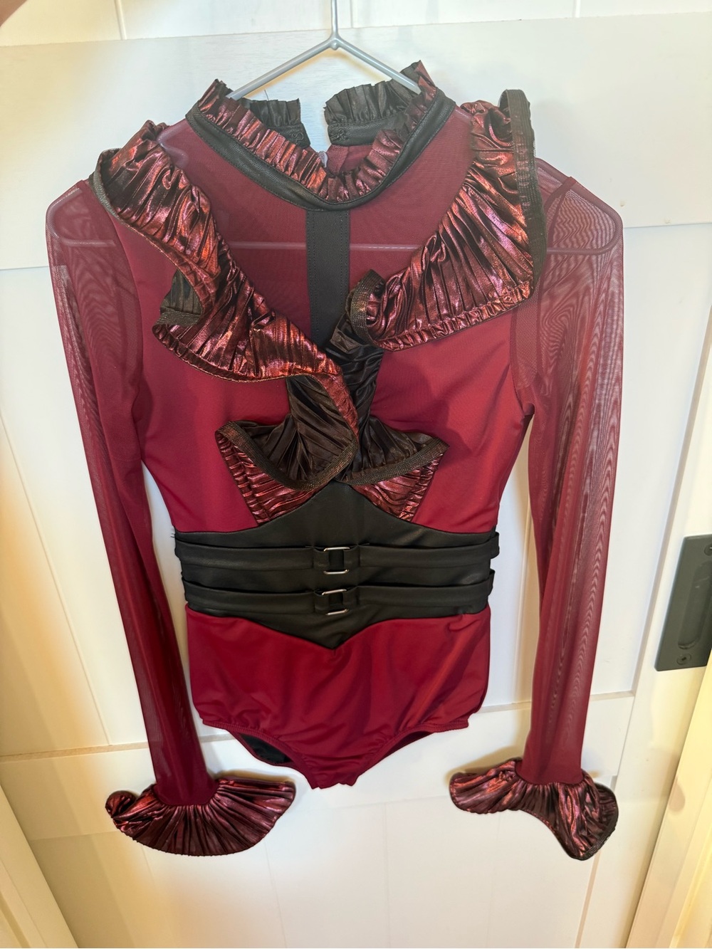 Women’s Burgundy Ruffle Long-Sleeve Bodysuit jazz costume